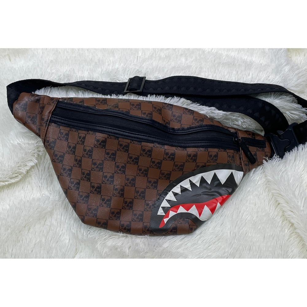 Sprayground Fanny Pack Mens OS Brown Good Shark Mouth Skull Checkered Waist Bag‎